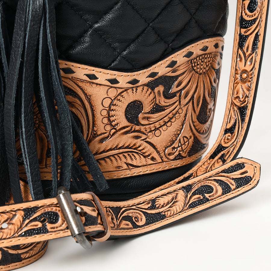 American Darling Genuine Leather Hand-Tooled Floral Quilted Bucket Bag with Tassels and YKK Zipper