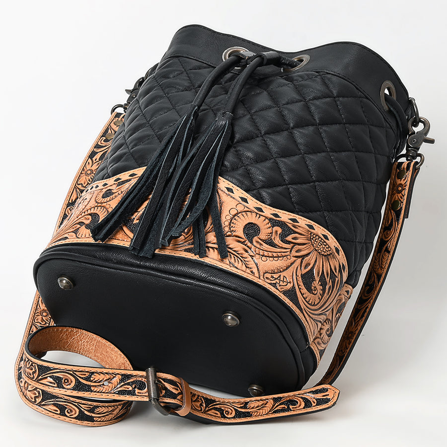 American Darling Genuine Leather Hand-Tooled Floral Quilted Bucket Bag with Tassels and YKK Zipper