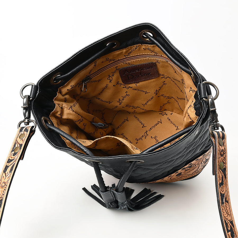 American Darling Genuine Leather Hand-Tooled Floral Quilted Bucket Bag with Tassels and YKK Zipper