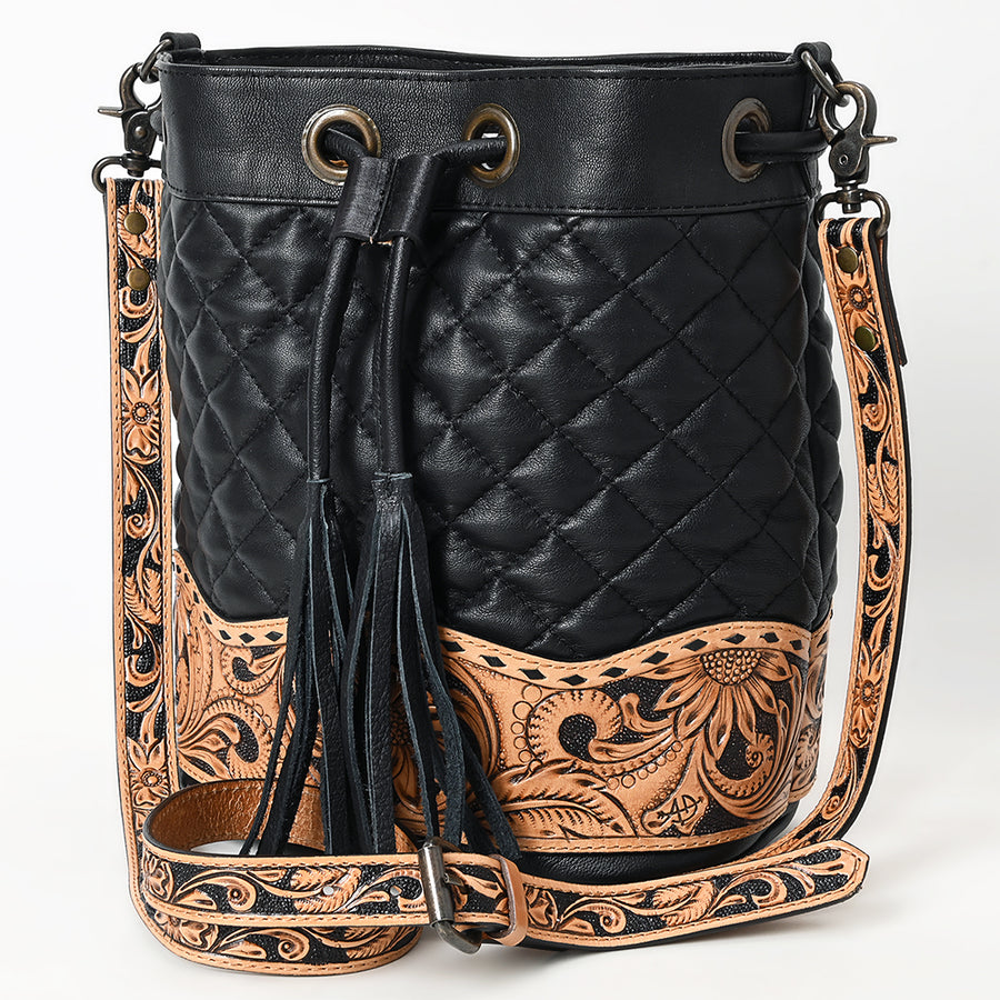 American Darling Hand-Tooled Floral Western Leather Bucket Bag - Quilted Tassels - Uhorse