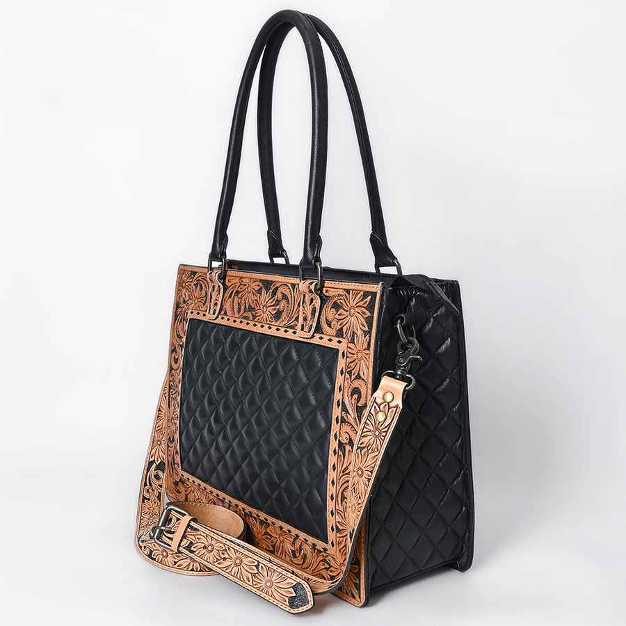 American Darling Genuine Leather Hand-Tooled Floral Quilted Tote Bag Shoulder Purse with YKK Zipper - 12in X 16in
