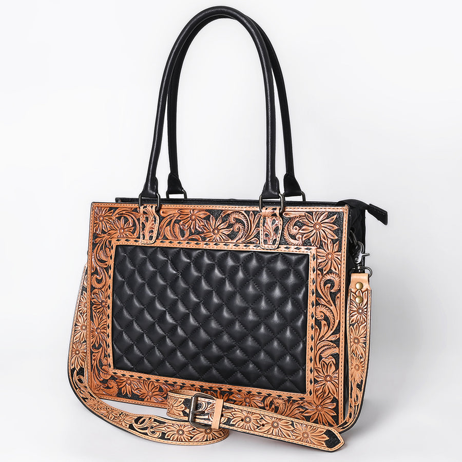 American Darling Hand-Tooled Floral Western Leather Tote Bag - Quilted Shoulder Purse - Uhorse