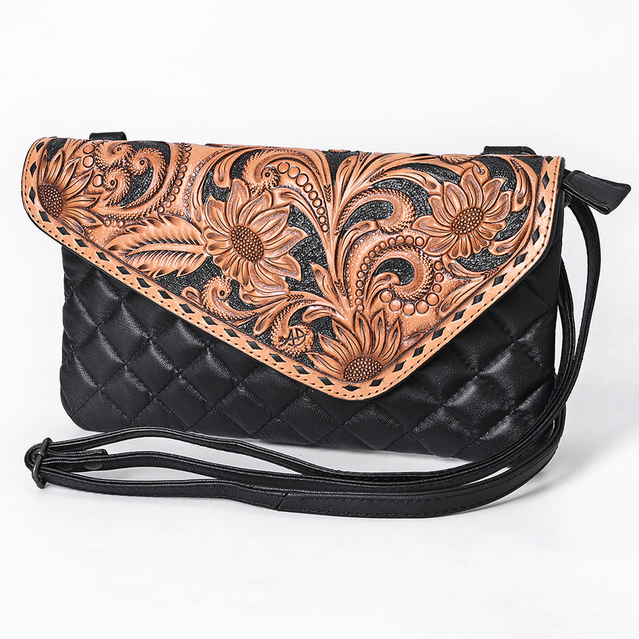 American Darling Black Western Wallet Bag - Hand Tooled Floral Flap and Quilted Leather - Uhorse