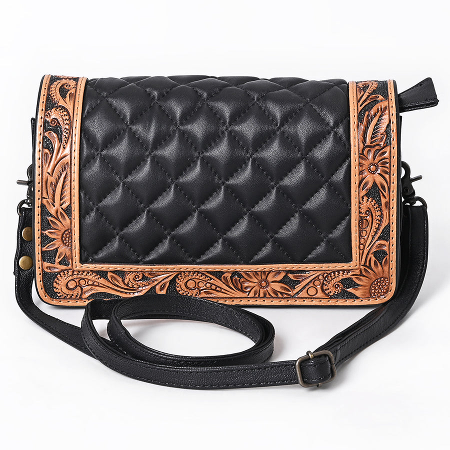 American Darling Genuine Leather Hand-Tooled Floral Quilted Organiser Bag Crossbody with YKK Zipper
