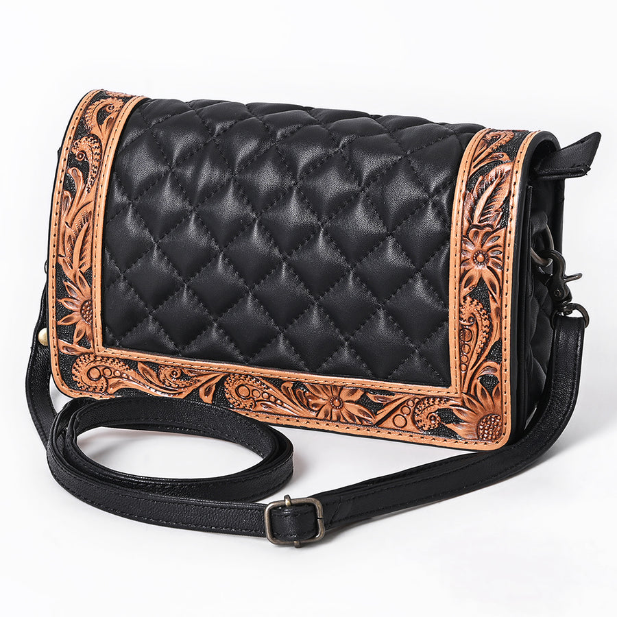 American Darling Hand-Tooled Floral Western Leather Organiser Bag - Quilted Crossbody - Uhorse