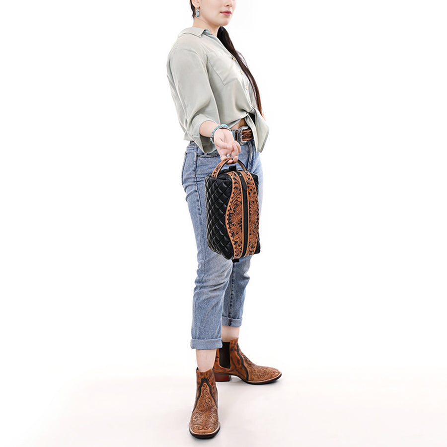 American Darling Toiletry Hand Tooled Genuine Leather Western Women Bag Handbag | Purse for