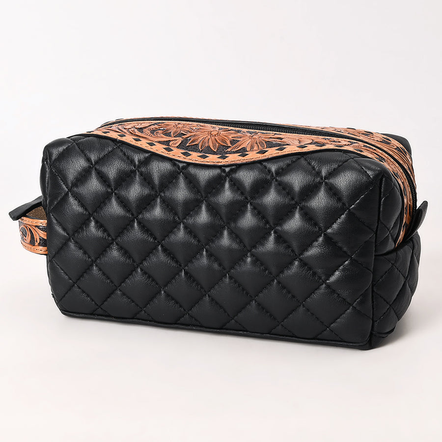 American Darling Black Western Toiletry Bag with Hand Tooled Floral Carving and Quilted Leather - Uhorse