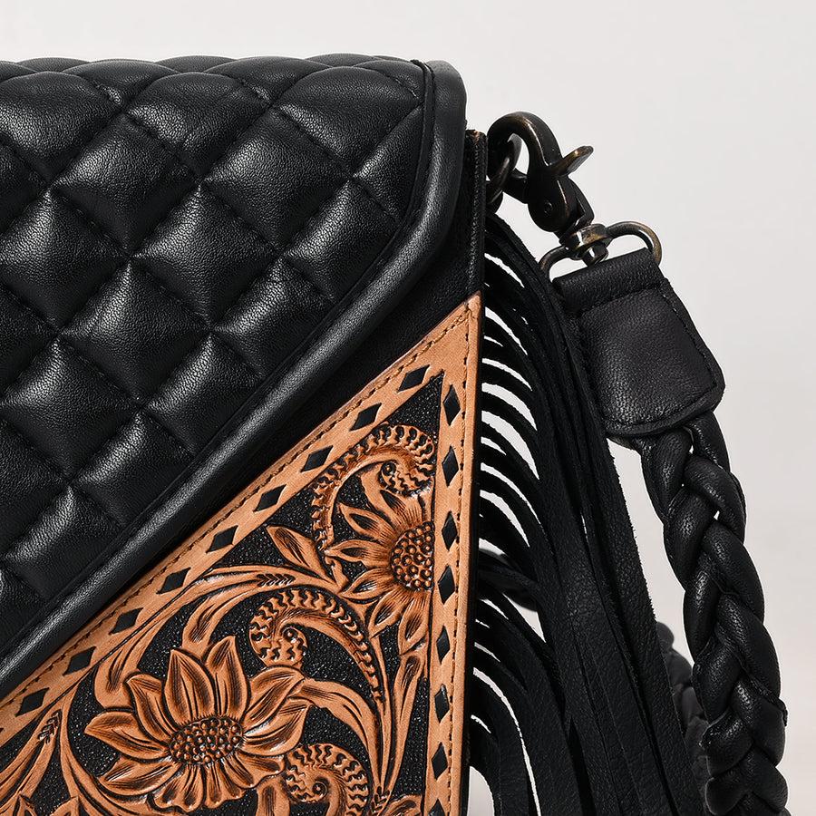 American Darling Hand-Tooled Floral Wallet Bag for Women - Genuine Leather with Fringe, Quilted & Buck Stitched Design