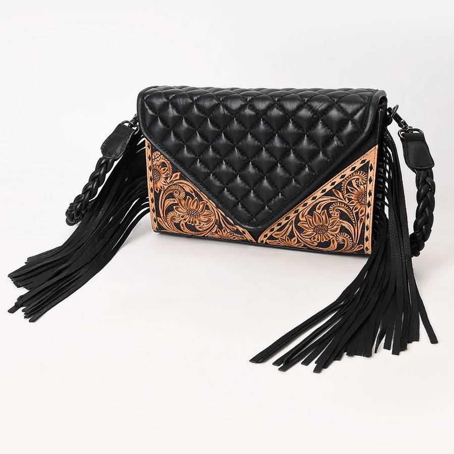 American Darling Hand-Tooled Western Leather Wallet Bag with Fringe and Floral Carving - Uhorse