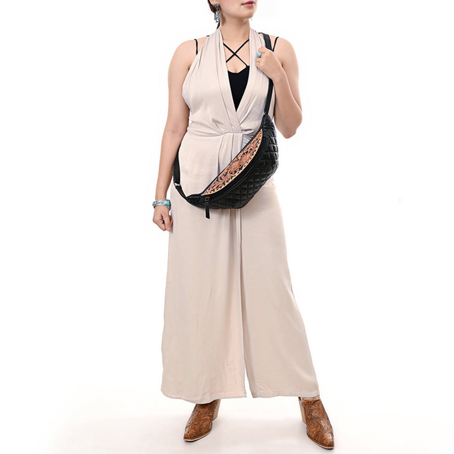 American Darling Western Fanny Pack Handcrafted from Quilted & Tooled Genuine Leather | Floral Carved Accent, Buckstitch & YKK Zipper