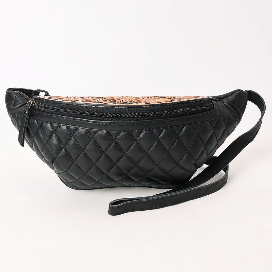 American Darling Western Fanny Pack Handcrafted from Quilted & Tooled Genuine Leather | Floral Carved Accent, Buckstitch & YKK Zipper