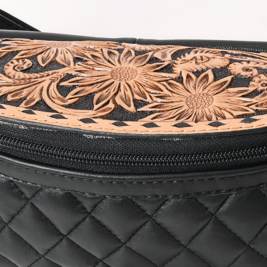 American Darling Western Fanny Pack Handcrafted from Quilted & Tooled Genuine Leather | Floral Carved Accent, Buckstitch & YKK Zipper