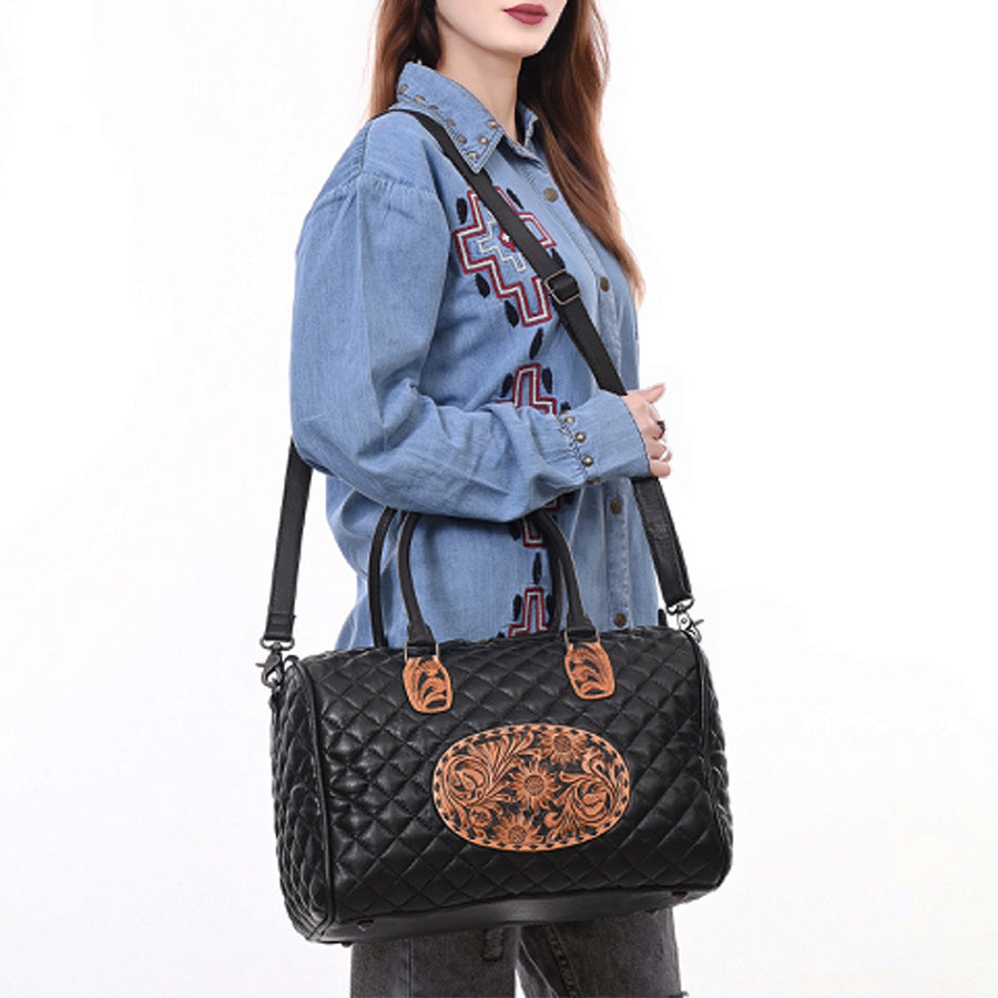 American Darling Western Speedy Bag Handcrafted Quilted & Hand-Tooled Genuine Leather | Floral Carved Accent, Buckstitch & YKK Zipper