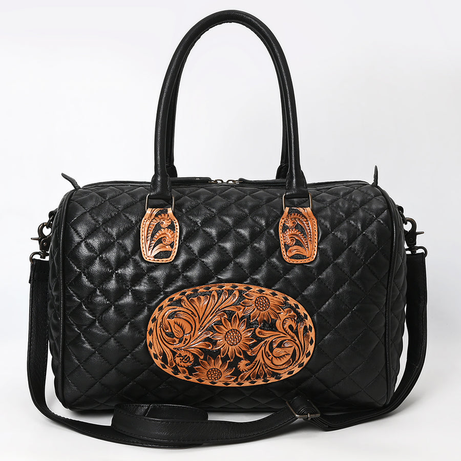 American Darling Western Speedy Bag Handcrafted Quilted & Hand-Tooled Genuine Leather | Floral Carved Accent, Buckstitch & YKK Zipper