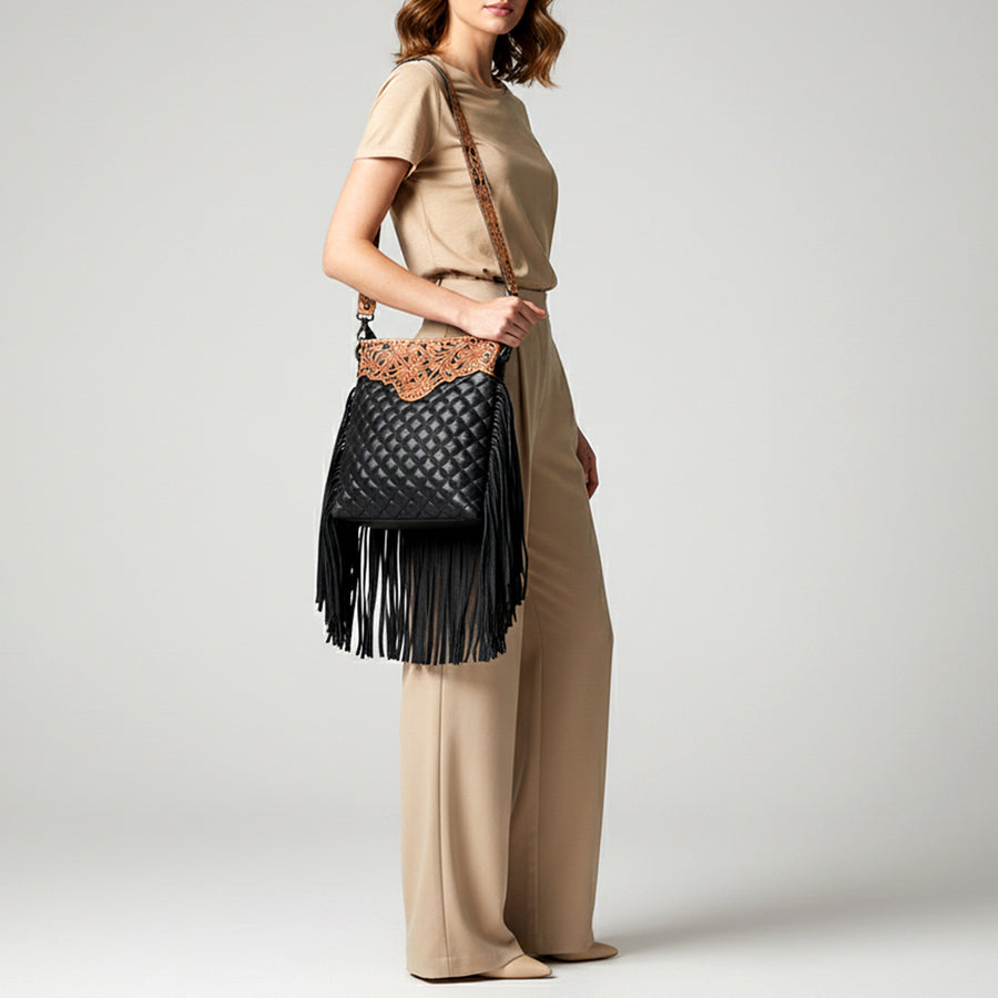 American Darling Large Western Cross Body Bag Handcrafted from Quilted & Hand-Tooled Genuine Leather | Full Fringe, Buckstitch & YKK Zipper