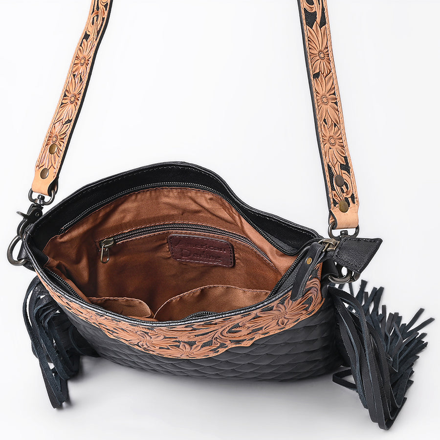 American Darling Large Western Cross Body Bag Handcrafted from Quilted & Hand-Tooled Genuine Leather | Full Fringe, Buckstitch & YKK Zipper