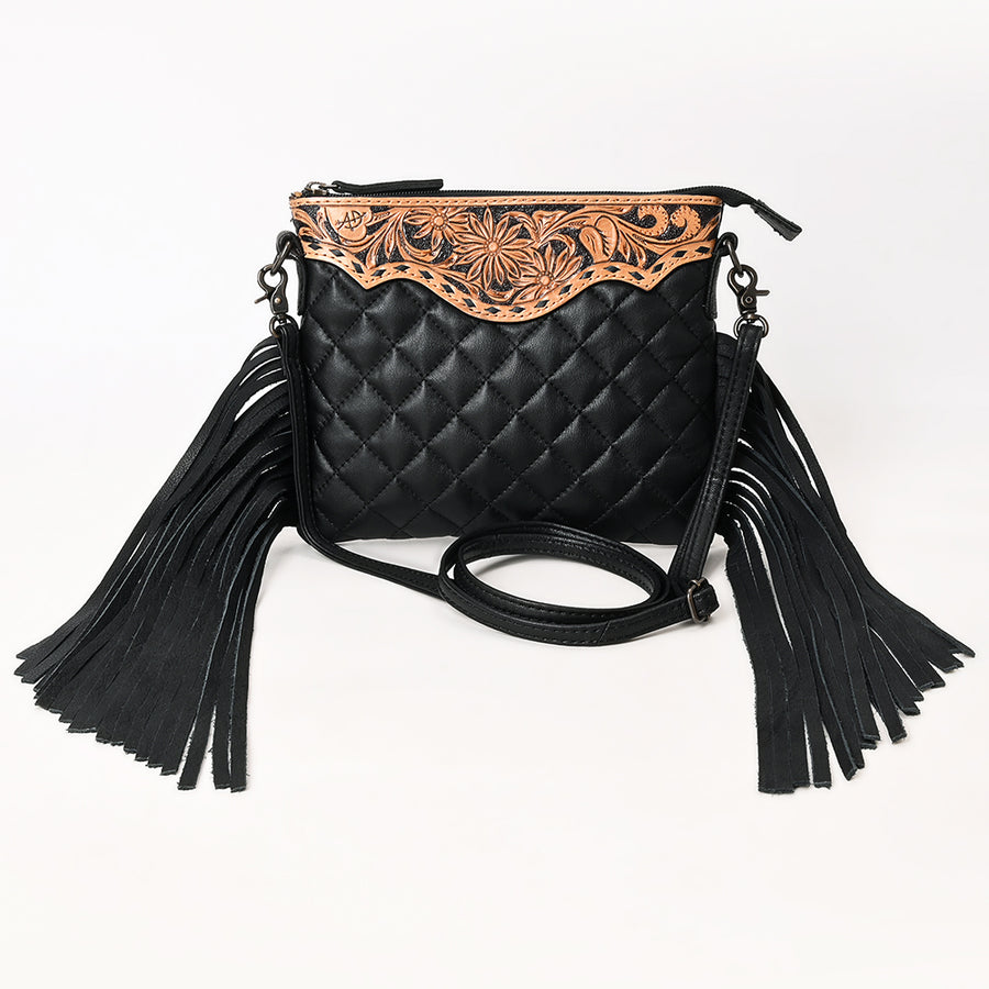 American Darling Western Black Cross Body Bag Handcrafted from Quilted & Tooled Genuine Leather | Full Fringe Accent, Flap Closure & YKK Zipper