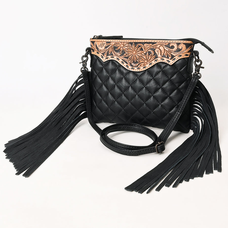 American Darling Quilted Leather Crossbody Black | Tooled Flap Fringe Purse - Uhorse