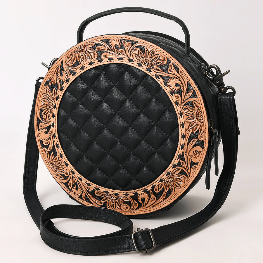 American Darling Black Quilted Leather Canteen Bag | Hand-Tooled Floral Crossbody - Uhorse