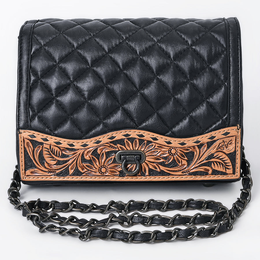 American Darling Western Cross Body Bag Handcrafted from Quilted & Hand-Tooled Genuine Leather | Floral Carved Accent, Chain Strap & Magnetic Closure