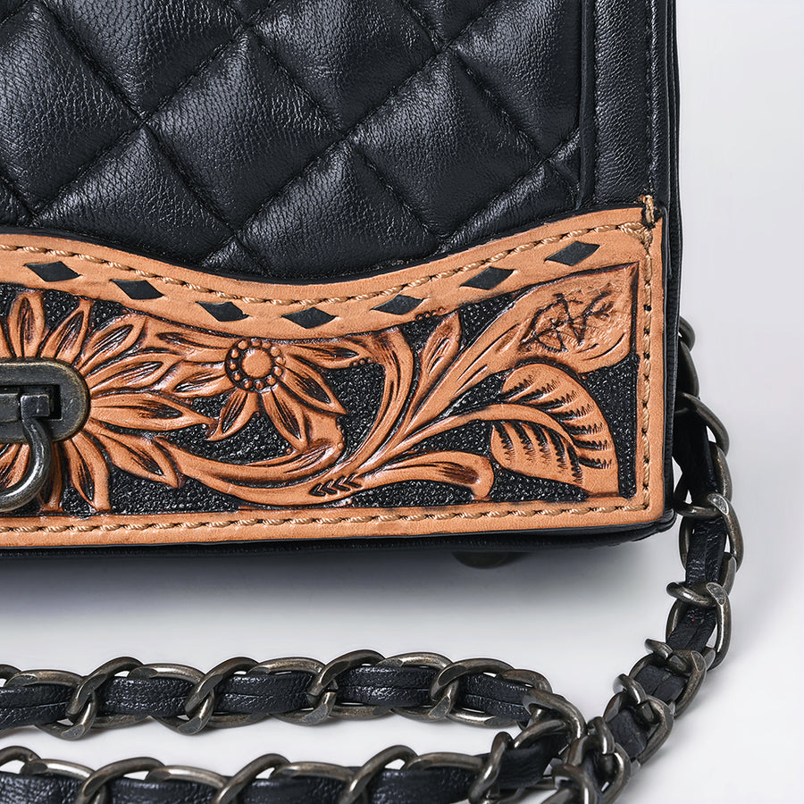American Darling Western Cross Body Bag Handcrafted from Quilted & Hand-Tooled Genuine Leather | Floral Carved Accent, Chain Strap & Magnetic Closure