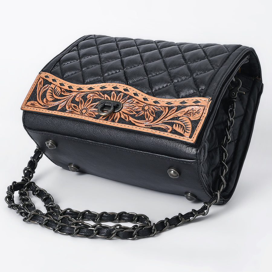 American Darling Western Cross Body Bag Handcrafted from Quilted & Hand-Tooled Genuine Leather | Floral Carved Accent, Chain Strap & Magnetic Closure
