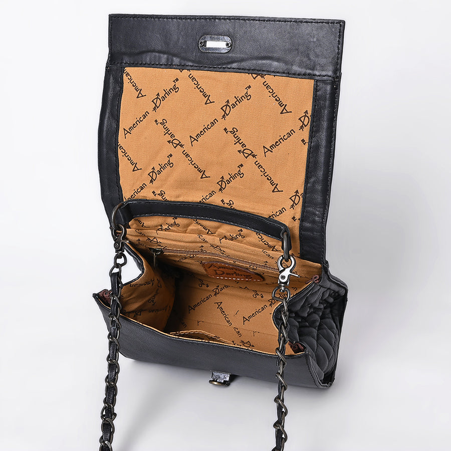 American Darling Western Cross Body Bag Handcrafted from Quilted & Hand-Tooled Genuine Leather | Floral Carved Accent, Chain Strap & Magnetic Closure