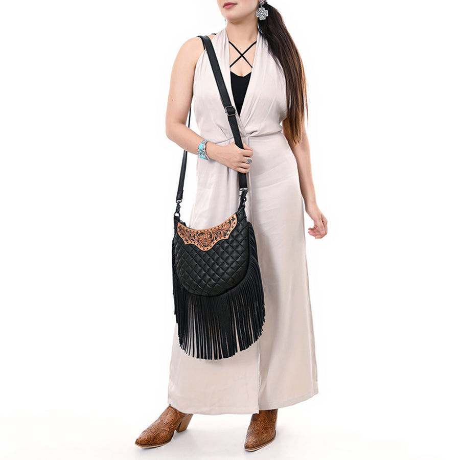 American Darling Large Western Cross Body Hobo Bag Handcrafted from Quilted & Hand-Tooled Genuine Leather | Full Fringe, Buckstitch & YKK Zipper