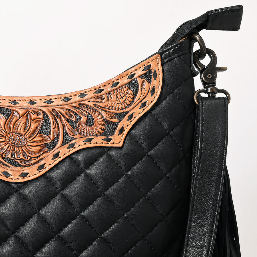 American Darling Large Western Cross Body Hobo Bag Handcrafted from Quilted & Hand-Tooled Genuine Leather | Full Fringe, Buckstitch & YKK Zipper