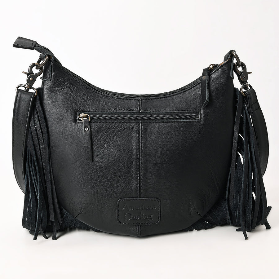 American Darling Large Western Cross Body Hobo Bag Handcrafted from Quilted & Hand-Tooled Genuine Leather | Full Fringe, Buckstitch & YKK Zipper