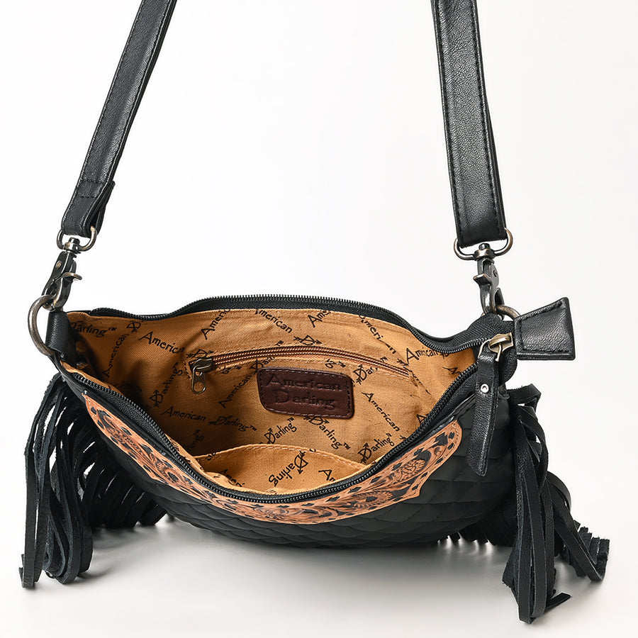 American Darling Large Western Cross Body Hobo Bag Handcrafted from Quilted & Hand-Tooled Genuine Leather | Full Fringe, Buckstitch & YKK Zipper
