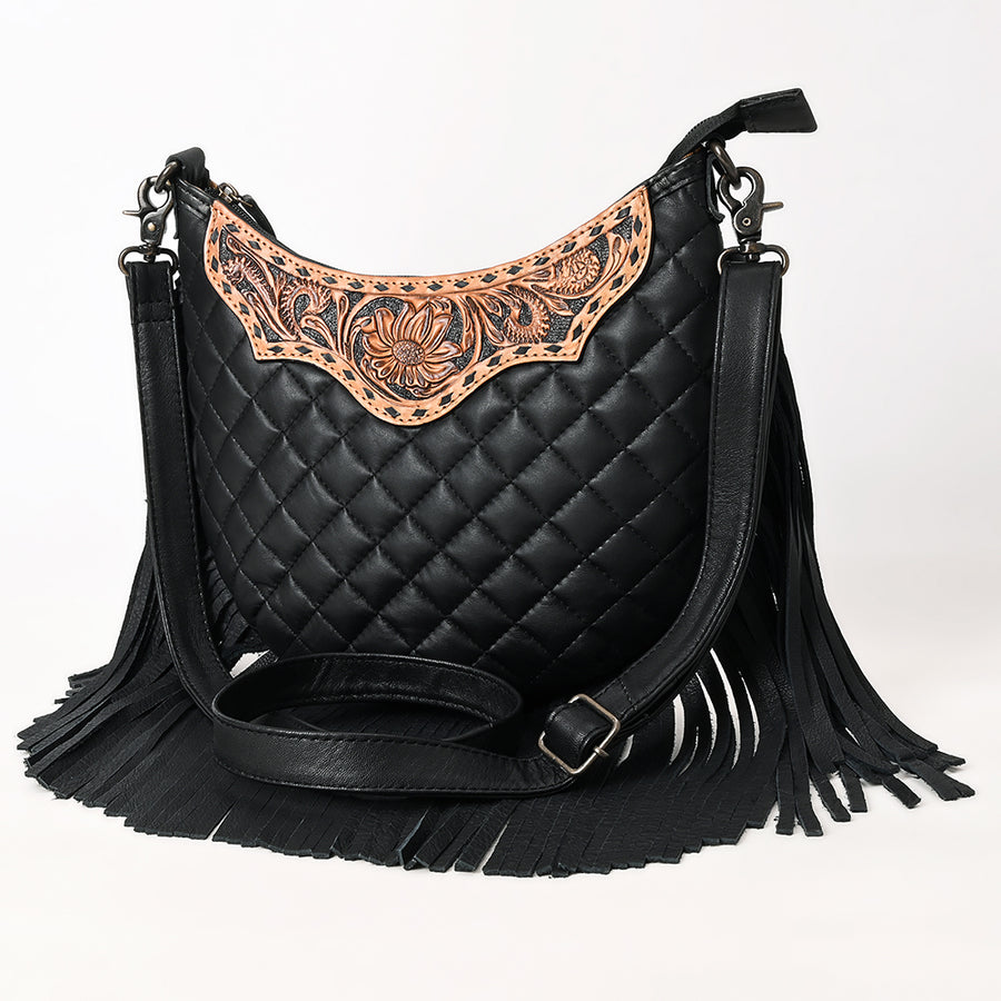 American Darling Large Quilted Crossbody Hobo | Hand-Tooled Yoke Fringe Bag - Uhorse