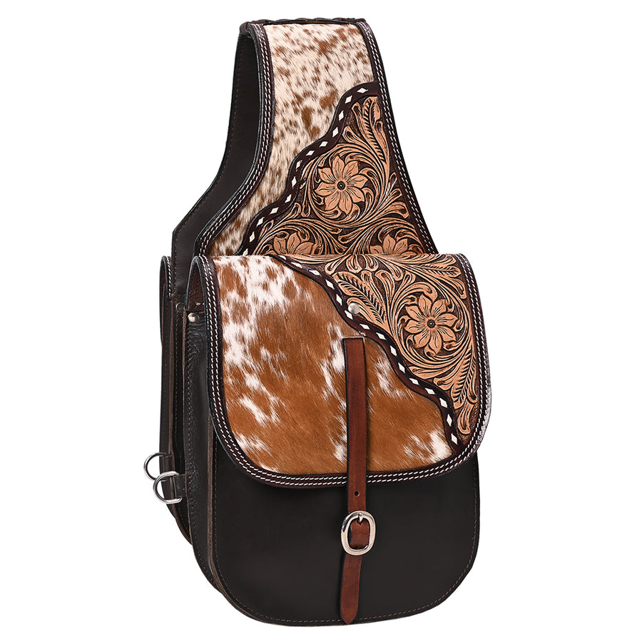 Hilason Western Horse Floral Genuine Hair-On Leather Saddle Bag Brown Heavy duty Traditional Trail Ride - Uhorse