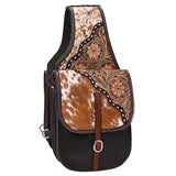 Hilason Western Horse Floral Genuine Hair-On Leather Saddle Bag Black / Brown Heavyduty Traditional Trail Ride