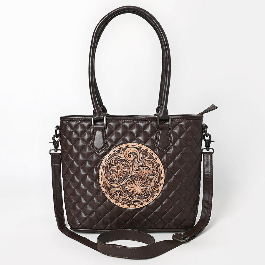 American Darling Western Tote Bag Handcrafted from Quilted & Hand-Tooled Genuine Leather | Floral Carved Accent, Buckstitch & YKK Zipper