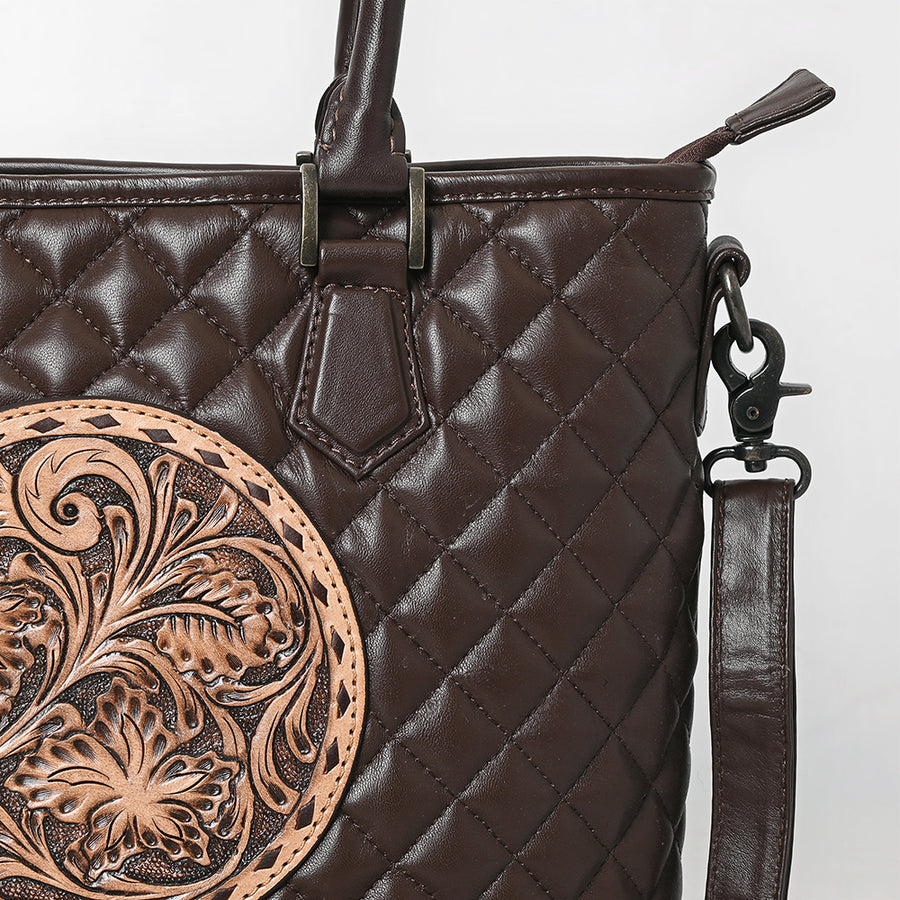 American Darling Western Tote Bag Handcrafted from Quilted & Hand-Tooled Genuine Leather | Floral Carved Accent, Buckstitch & YKK Zipper