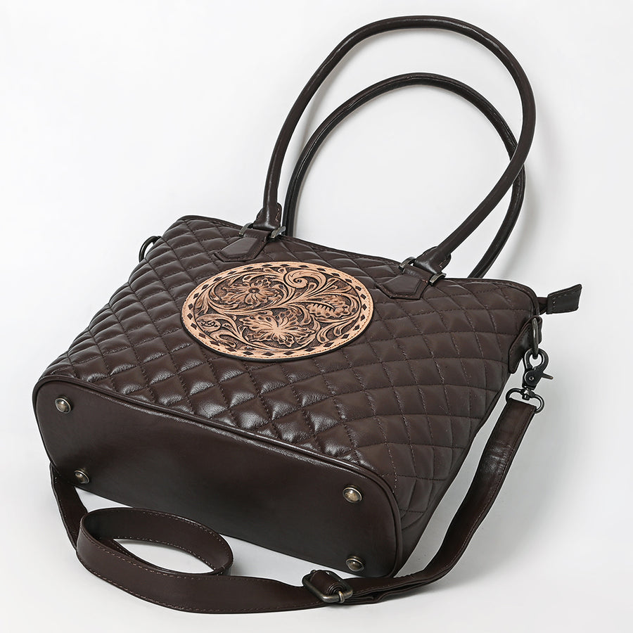 American Darling Western Tote Bag Handcrafted from Quilted & Hand-Tooled Genuine Leather | Floral Carved Accent, Buckstitch & YKK Zipper