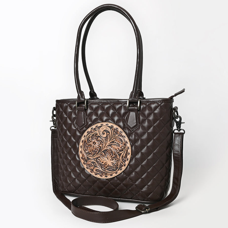 American Darling Quilted Leather Tote Bag | Hand-Tooled Floral Accent Carryall - Uhorse