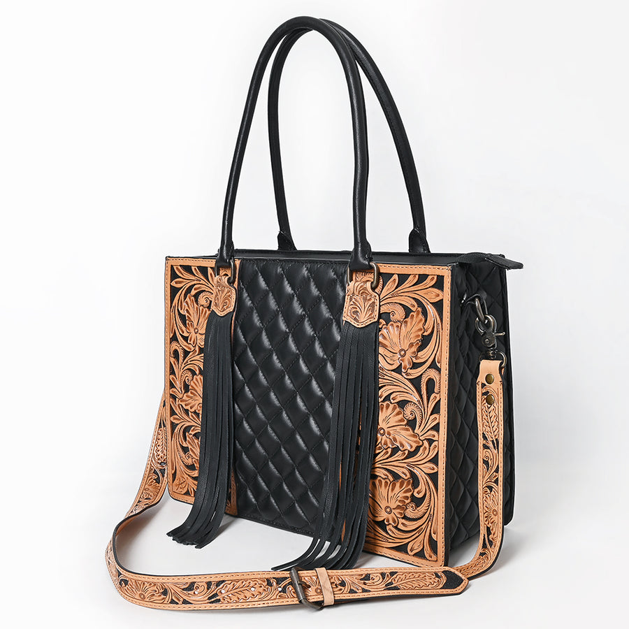 American Darling Hand-Tooled Leather Quilted Tote Bag | Fringe Shoulder Bag - Uhorse