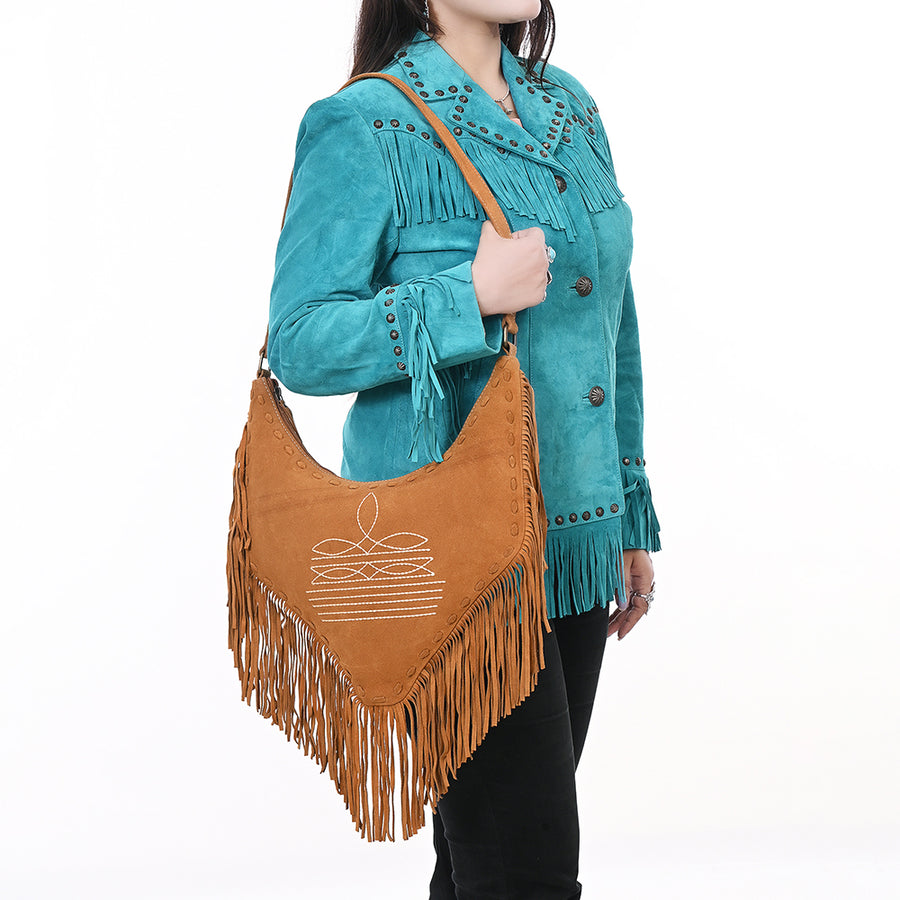 American Darling Women's Fringe Boot Stitched Genuine Leather Small Cross body Bag Eco-Friendly Full Grain Western Purse