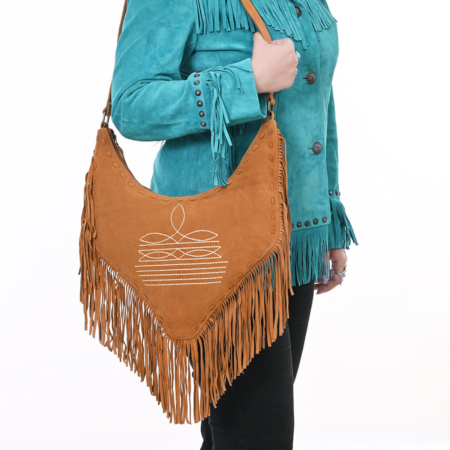 American Darling Women's Fringe Boot Stitched Genuine Leather Small Cross body Bag Eco-Friendly Full Grain Western Purse