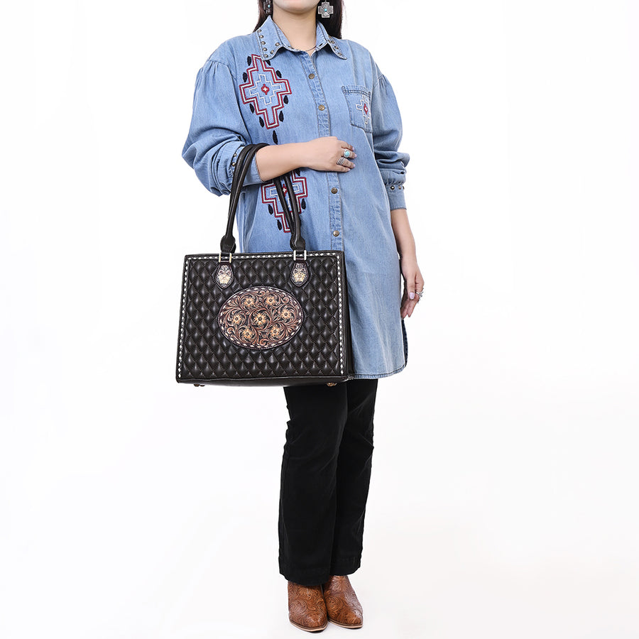 American Darling Women's Hand Tooled Floral Carved Quilted Genuine Leather Tote Bag Western Eco-Friendly Full Grain Purse