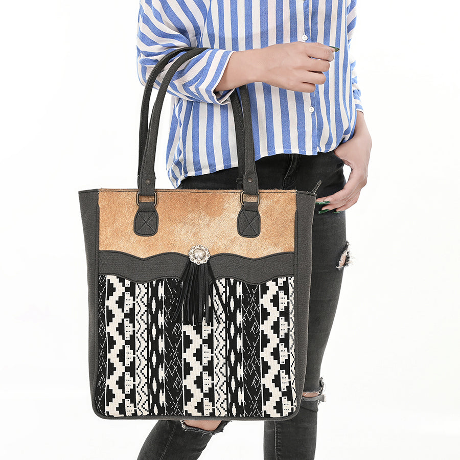 OHLAY Tote Upcycled Canvas Hair On Genuine Leather Women Bag Western Handbag Purse