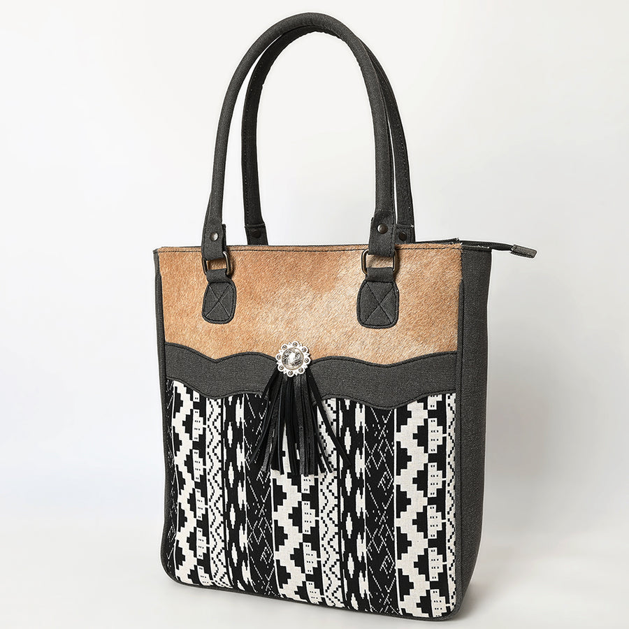 OHLAY Tote Upcycled Canvas Hair On Genuine Leather Women Bag Western Handbag Purse - Uhorse