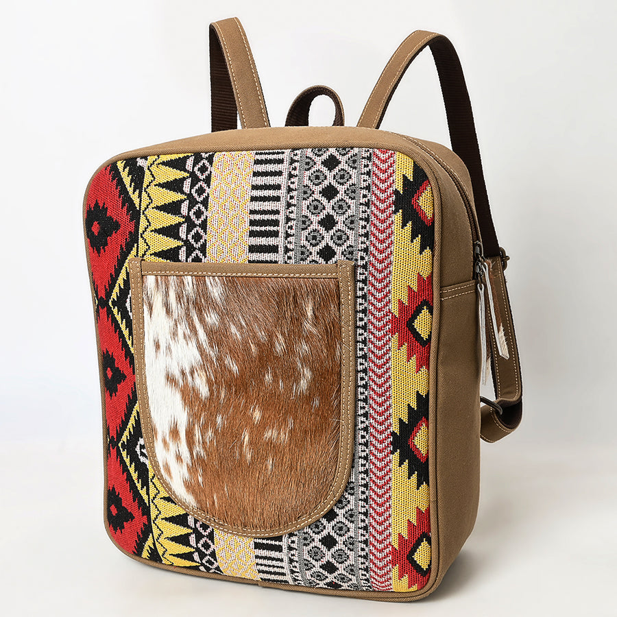 OHLAY Backpack Upcycled Canvas Hair On Genuine Leather Women Bag Western Handbag Purse - Uhorse