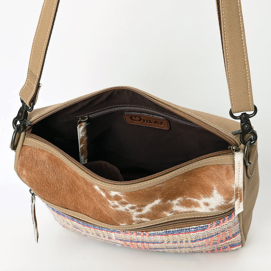 OHLAY Crossbody Hair On Upcycled Canvas Genuine Leather Women Bag Western Handbag Purse