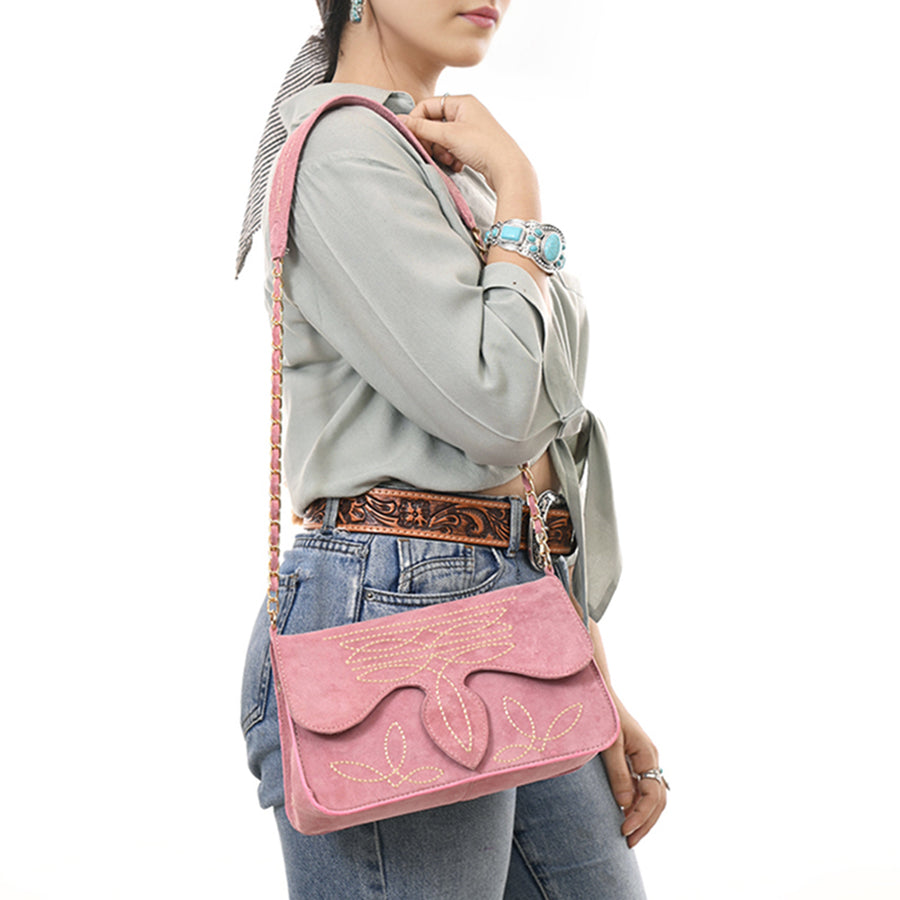 American Darling Boot Stitched Genuine Suede Leather Small Cross body Bag, Genuine Leather Western Purse with YKK Zipper
