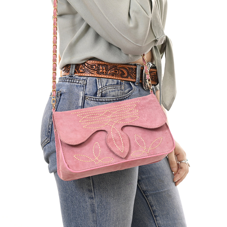 American Darling Boot Stitched Genuine Suede Leather Small Cross body Bag, Genuine Leather Western Purse with YKK Zipper