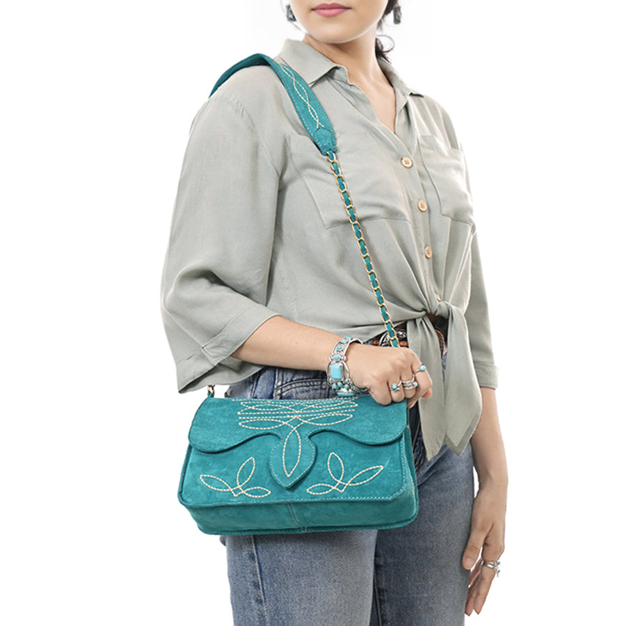 American Darling Boot Stitched Genuine Suede Leather Small Cross body Bag, Genuine Leather Western Purse with YKK Zipper