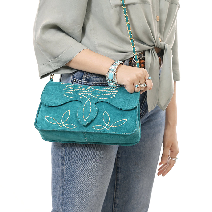 American Darling Boot Stitched Genuine Suede Leather Small Cross body Bag, Genuine Leather Western Purse with YKK Zipper